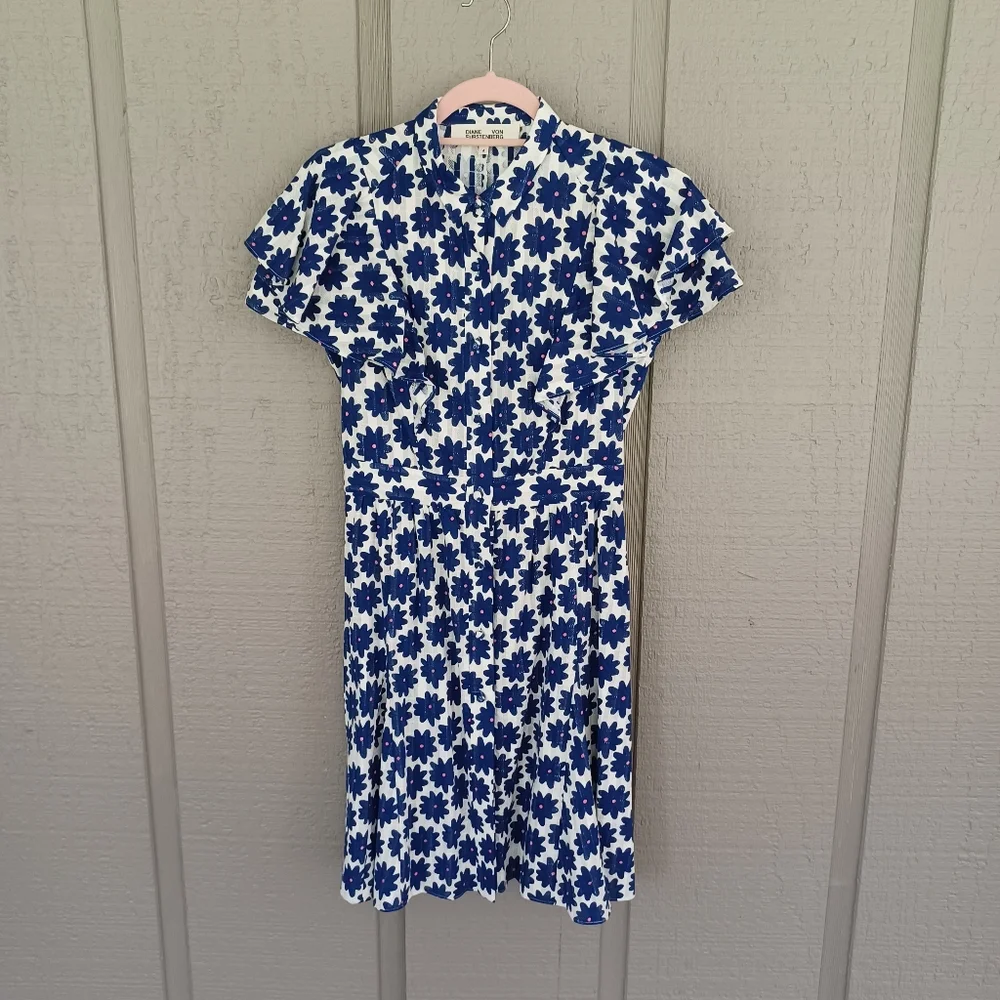 Diane Von Furstenberg Floral Cotton Gauze Mini Shirt Dress Size 4 Women Preppy